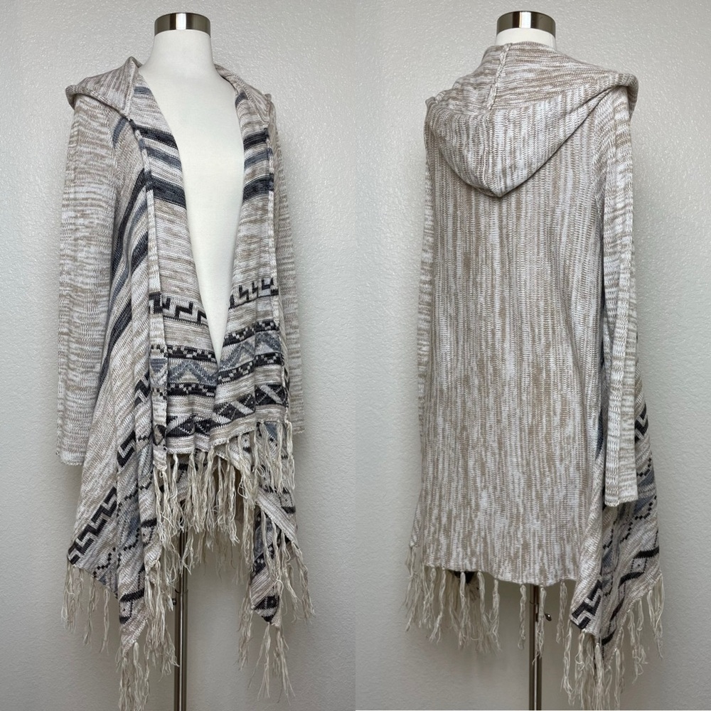 Altar’d State Boho Fringe Hooded Shark-Bite Hem Knit Cardigan